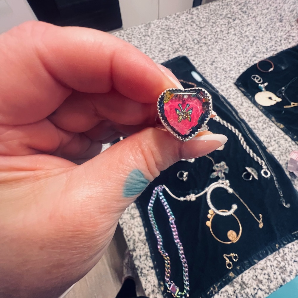 Heart-Shaped Pink and Silver Ring with butterfly sz9